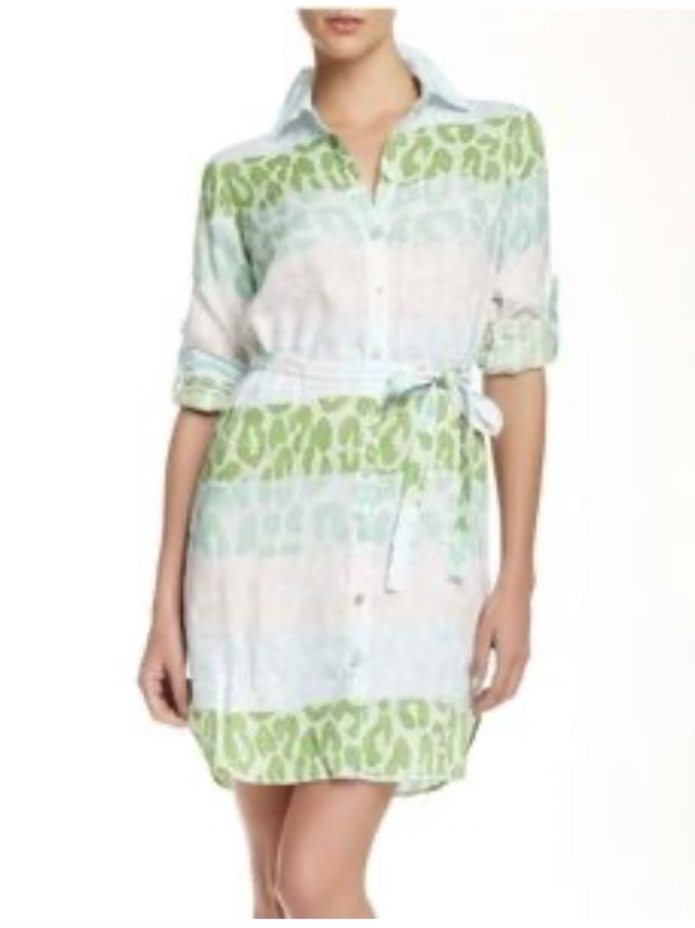 Belted Shirt Mini Dress in Light Green Animal Stripe